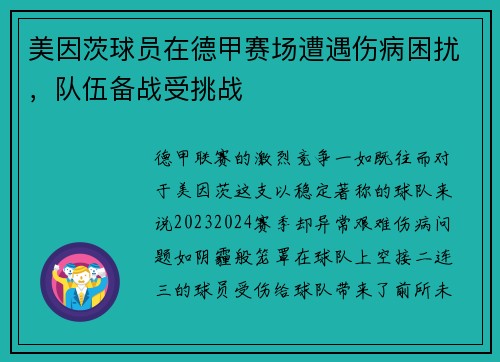 美因茨球员在德甲赛场遭遇伤病困扰，队伍备战受挑战